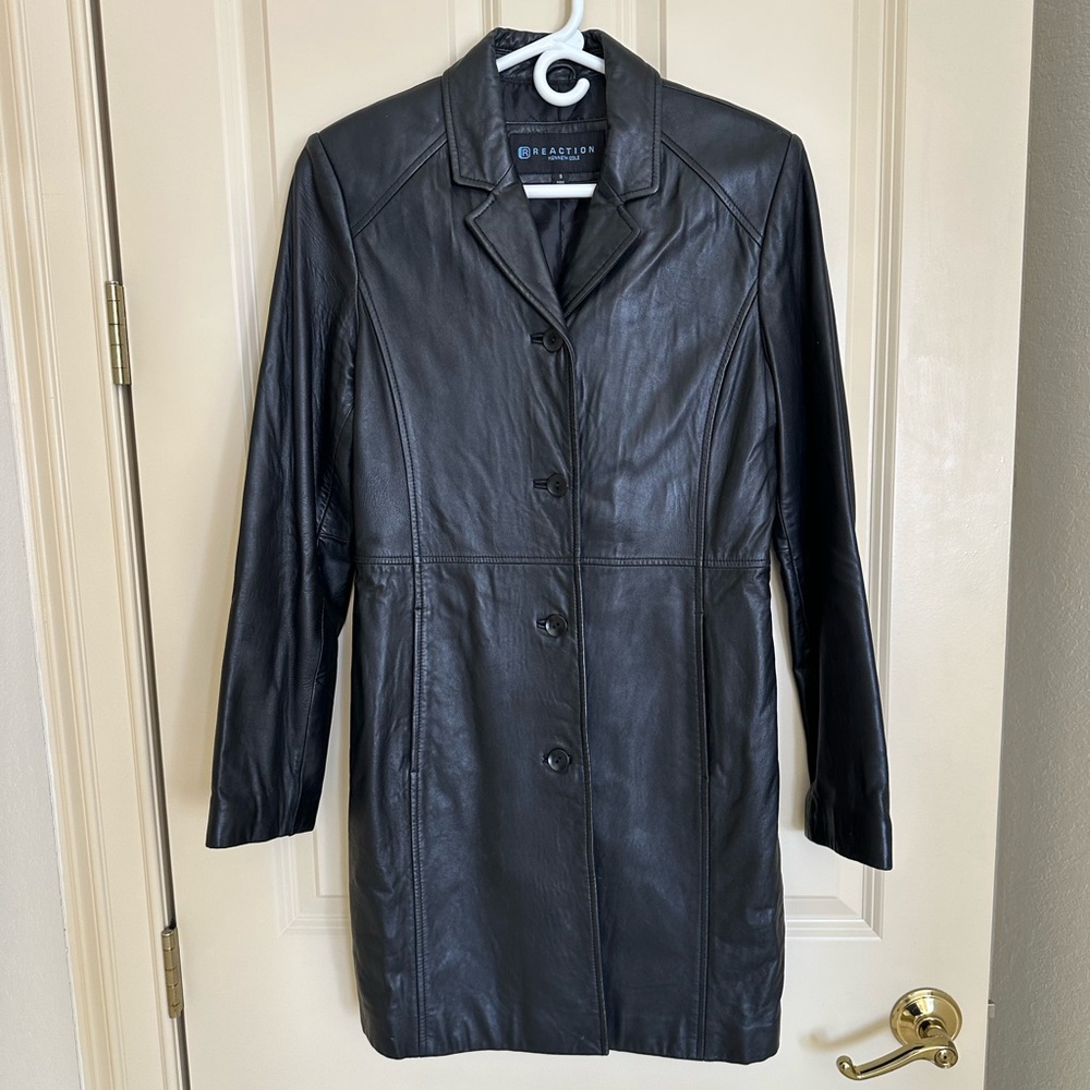 Kenneth Cole Women's Long Black Leather Coat